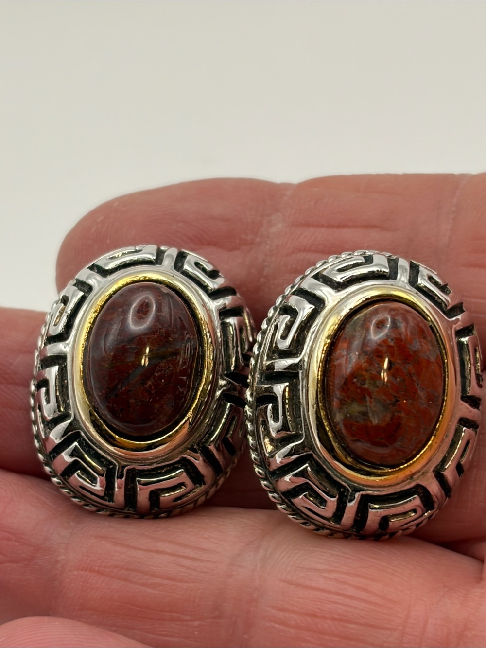 Vintage Joseph Cleary (JC) red Jasper cabochon Greek key clip on earrings